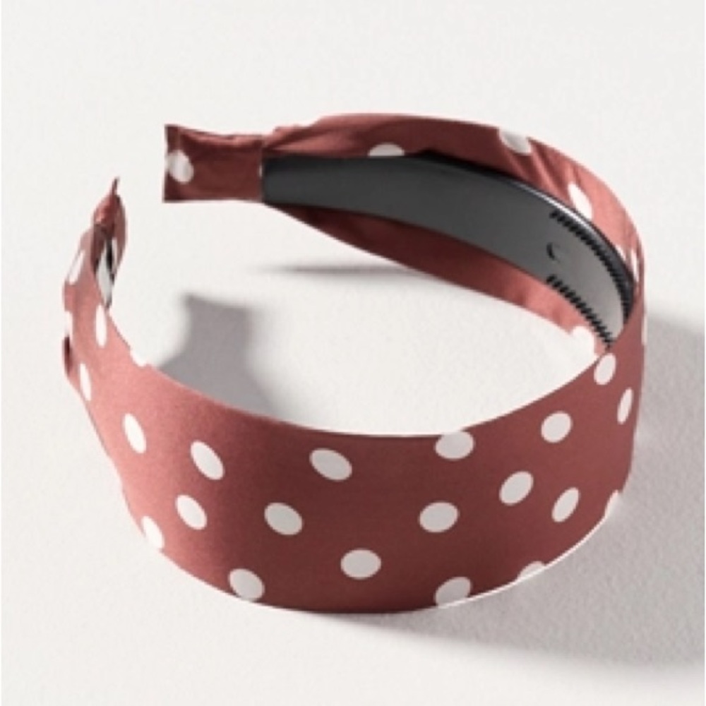 ANTHRO Wide Satin Headband - Brown and White Polka Dot